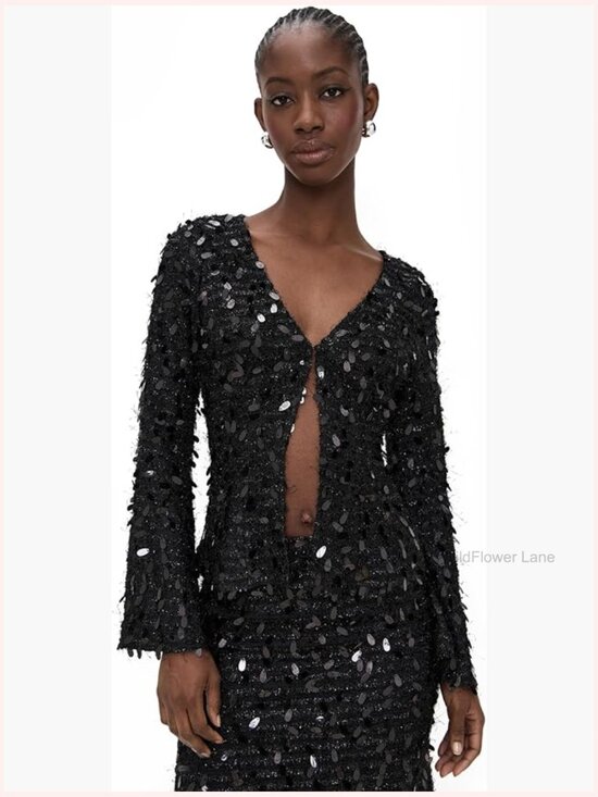 Tops - V-Neck Long Sleeve Sequin Blouse with Single-Button Placket and Back Ties